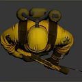 Game Movie Character In Yellow Hazmat Suit With Gas Mask Holding Rifle And Caution Text