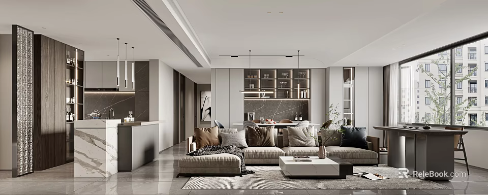 Modern Living And Dining Room Interior With Sofa Coffee Table Dining Table And Pendant Lights 3d model