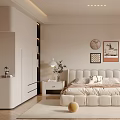 Modern Beige Bedroom Interior With Large Bed Nightstands Table Lamps Rug And Bay Window