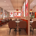 Nighttime Restaurant Exterior With Bright Red And White Neon Signage Large Windows And Visible Interior Tables