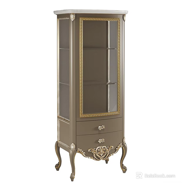 Elegant Modern Entryway Cabinet Sideboard With Glass Doors Gold Accents And Carved Legs 3d model 