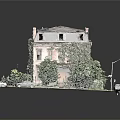 Weathered Residential Building Exterior Covered in Overgrown Ivy with Surrounding Bushes and Trees