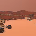 Cartoon Scenic Martian Base Desert Landscape With Vehicles Solar Panels Circular Tracks And Rocky Terrain
