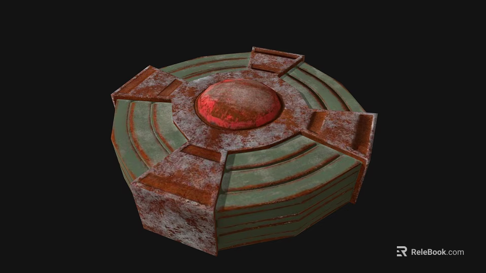 Rusted Metal Mechanical Structure With Circular Green Rings And Red Dome Top 3d model 