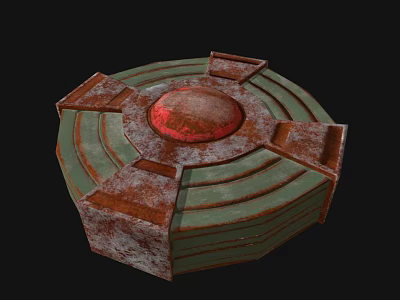 Rusted Metal Mechanical Structure With Circular Green Rings And Red Dome Top 3d model