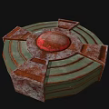 Rusted Metal Mechanical Structure With Circular Green Rings And Red Dome Top