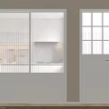 Modern Interior Sliding Door Design With White Frame And Vertical Striped Glass