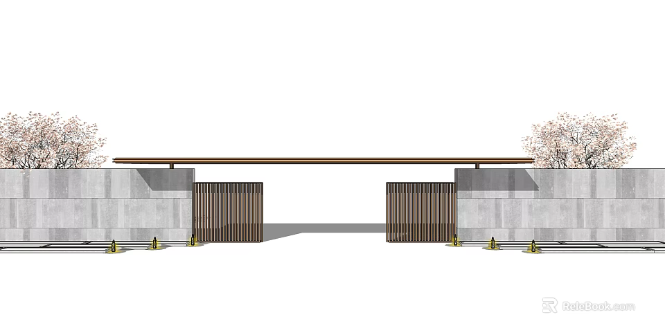 Modern Entrance Gate Design With Metal Slats Concrete Walls And Overhead Beam 3d model 