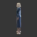 Shiny Blue Long Sleeve Dress On Model With Front And Back View And High Heels