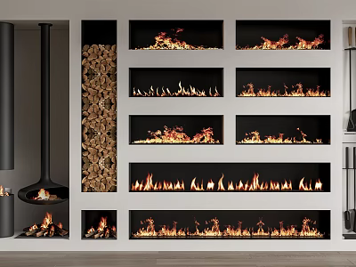Contemporary Fireplace Design With Multiple Flame Sections And Stacked Wood Storage 3d model