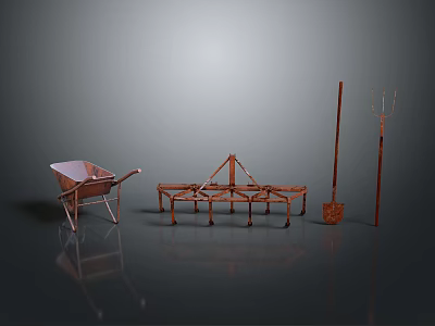 Essential Agricultural Equipment Set With Wheelbarrow Plow Shovel And Hay Fork 3d model