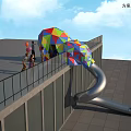 Colorful Geometric Slide Play Equipment On Rooftop With Safety Railings And Children