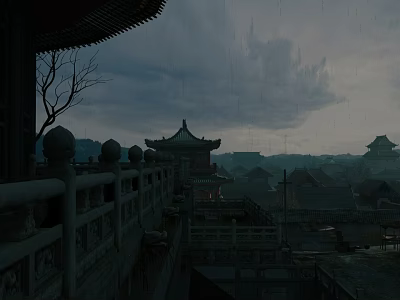 Ancient Chinese Architecture Complex With Traditional Roof Upturned Eaves Stone Carved Railings Rainy Cloudy Sky 3d model