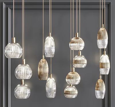 Modern Glass And Gold Pendant Lights With Transparent Striped Shades Hanging Design 3d model