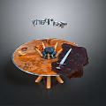 Round Wooden Party Table With Floating Party Letters Cups Sword And Fur Pelt Decor
