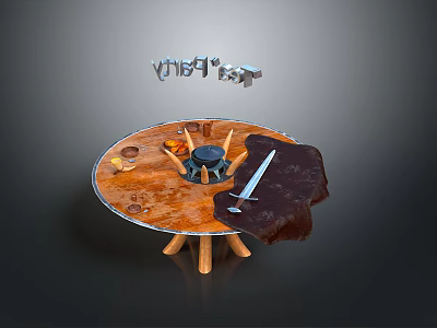 Round Wooden Party Table With Floating Party Letters Cups Sword And Fur Pelt Decor 3d model