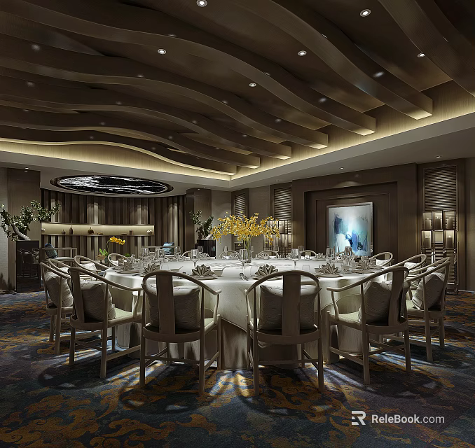 Luxurious Private Dining Room Interior With Round Table Elegant Tableware And Modern Ceiling Design 3d model