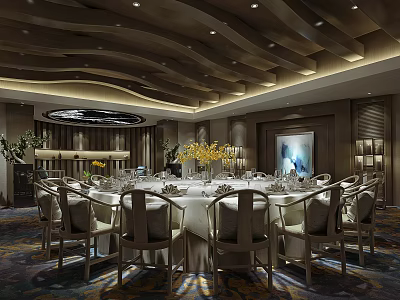 Luxurious Private Dining Room Interior With Round Table Elegant Tableware And Modern Ceiling Design 3d model