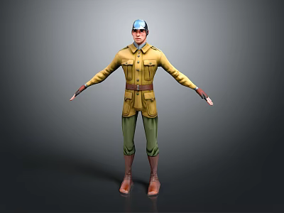 3D Character Model In Yellow Military Uniform With Blue Helmet Green Pants And Brown Boots 3d model