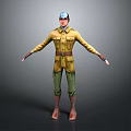 3D Character Model In Yellow Military Uniform With Blue Helmet Green Pants And Brown Boots