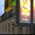 Modern Commercial Street with Green Yellow Facades Outdoor Seating Trees Umbrellas in Evening Sky