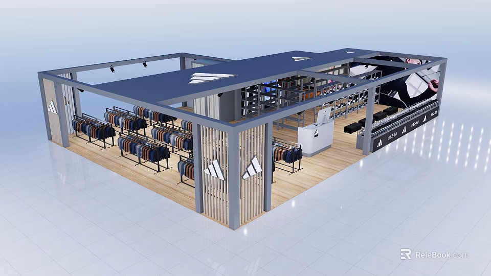 Modern Clothing Store Interior With Display Racks And Wooden Floor Design 3d model 