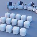 Stylish Light Blue Single Sofas With Dark Blue Cushions Small Stools Round Tables And Vases 3d model