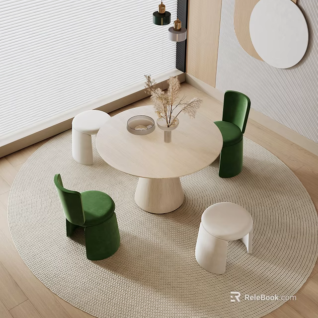 Modern Round Wooden Table with Green Chairs and White Stools on Beige Rug 3d model 