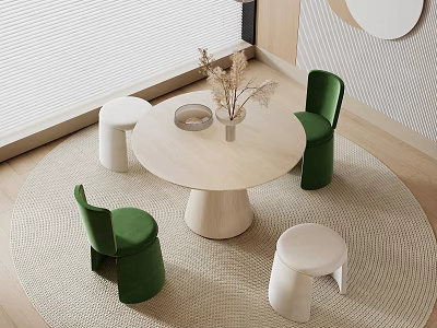 Modern Round Wooden Table with Green Chairs and White Stools on Beige Rug 3d model
