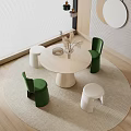 Modern Round Wooden Table with Green Chairs and White Stools on Beige Rug