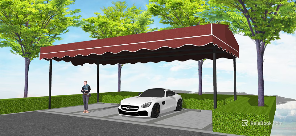 Outdoor Carport with Maroon Awning White Sports Car Green Trees and Lawn 3d model 