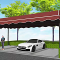 Outdoor Carport with Maroon Awning White Sports Car Green Trees and Lawn