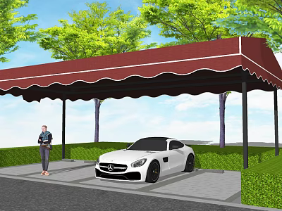 Outdoor Carport with Maroon Awning White Sports Car Green Trees and Lawn 3d model