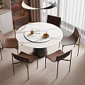 Modern Round Dining Table Set With Marble Top Six Brown Chairs Black Metal Legs