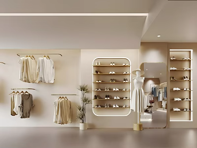 Modern Fashion Clothing Store With Hanging Clothes Mannequin And Shoe Shelves Minimalist Interior Design 3d model