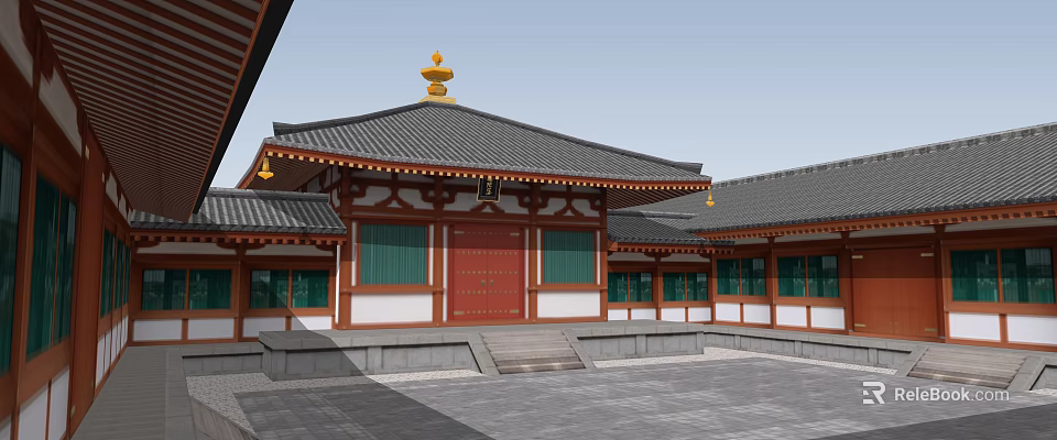 Traditional Chinese Architecture With Black Roof Golden Decorations Red Door And Green Windows In Courtyard 3d model 