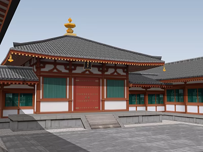 Traditional Chinese Architecture With Black Roof Golden Decorations Red Door And Green Windows In Courtyard 3d model