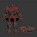 Armored Creature Warrior With Red Black Spiked Armor And Mechanical Weapon Device 3d model