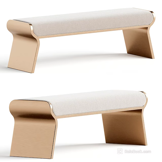 Elegant Modern Bench With Beige Fabric Seat And Gold Metal Frame Design 3d model 