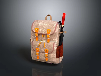 Beige Backpack With Orange Buckles Multiple Pockets And Red Stick For Daily Life Use 3d model