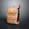 Beige Backpack With Orange Buckles Multiple Pockets And Red Stick For Daily Life Use 3d model