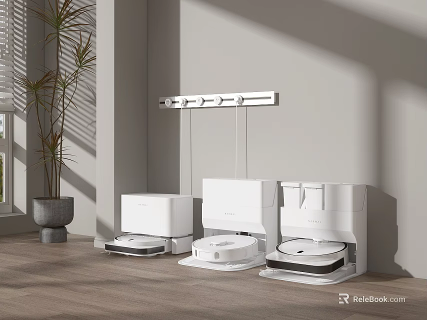 White Household Robot Vacuum Cleaners In Modern Room With Wooden Floor And Plant 3d model 