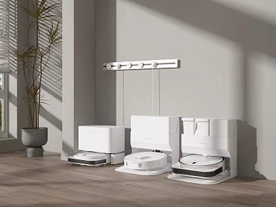 White Household Robot Vacuum Cleaners In Modern Room With Wooden Floor And Plant 3d model