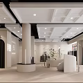 Clothing Store Exterior with Arched Entrance Window Display Mannequins White Building Street and Green Trees