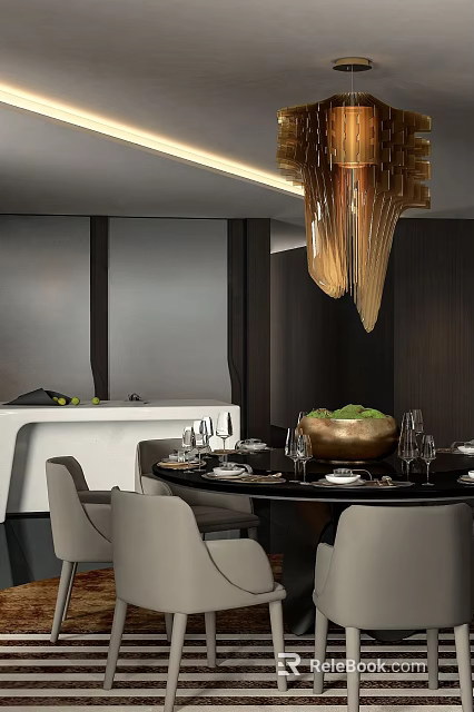 Modern Restaurant Dining Space With Round Table Chandelier Tableware And Decorative Bowl 3d model 