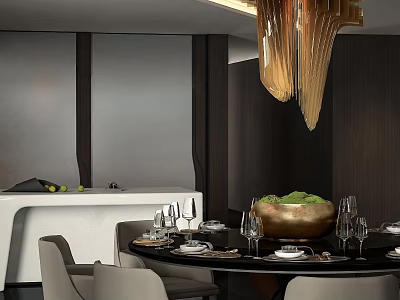 Modern Restaurant Dining Space With Round Table Chandelier Tableware And Decorative Bowl 3d model