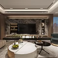 Modern Living and Dining Room With Marble Feature Wall Large Sofa Bookshelves And Pendant Lights