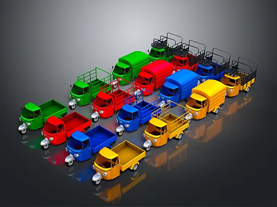 Neatly Arranged Colorful Tricycle and Small Truck Models on Black Background 3d model