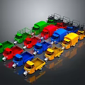 Neatly Arranged Colorful Tricycle and Small Truck Models on Black Background