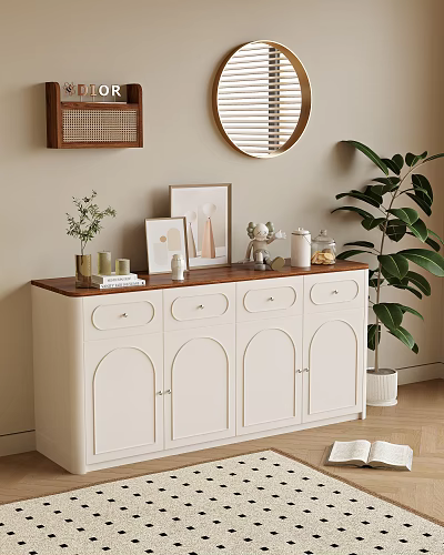 White Sideboard with Wooden Top Arched Doors Framed Pictures and Round Mirror in Living Area 3d model